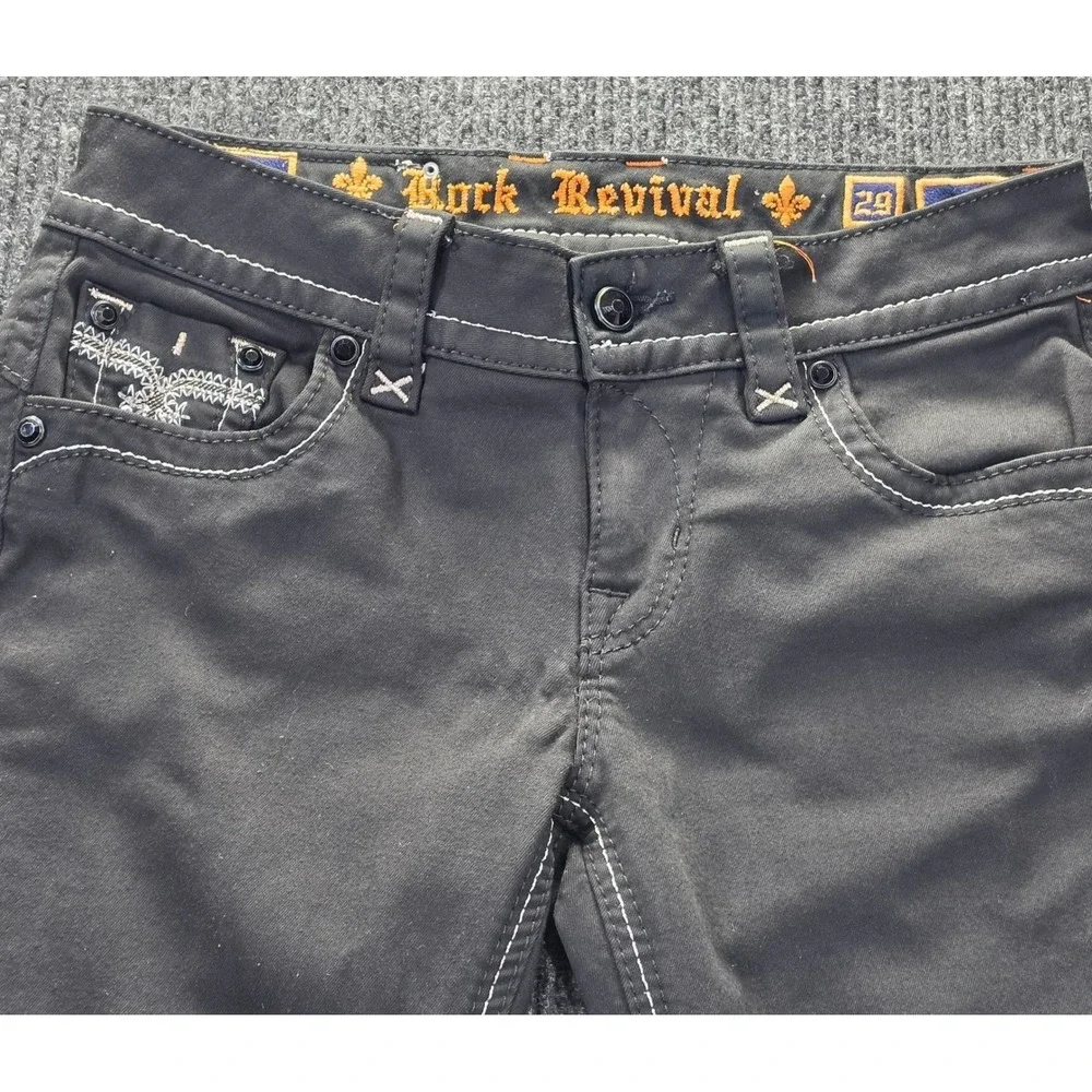 Rock Revival Skinny Jeans Womens 29 Black Excellent Embroidered Contrast Stitch